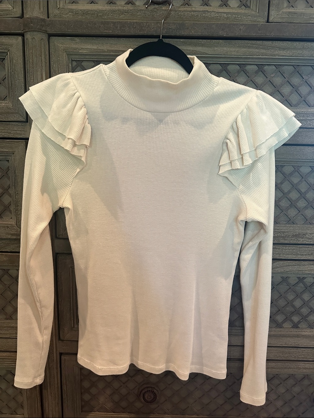 T.La Cream Ruffle-Shoulder Ribbed Mock Neck Long Sleeve Top